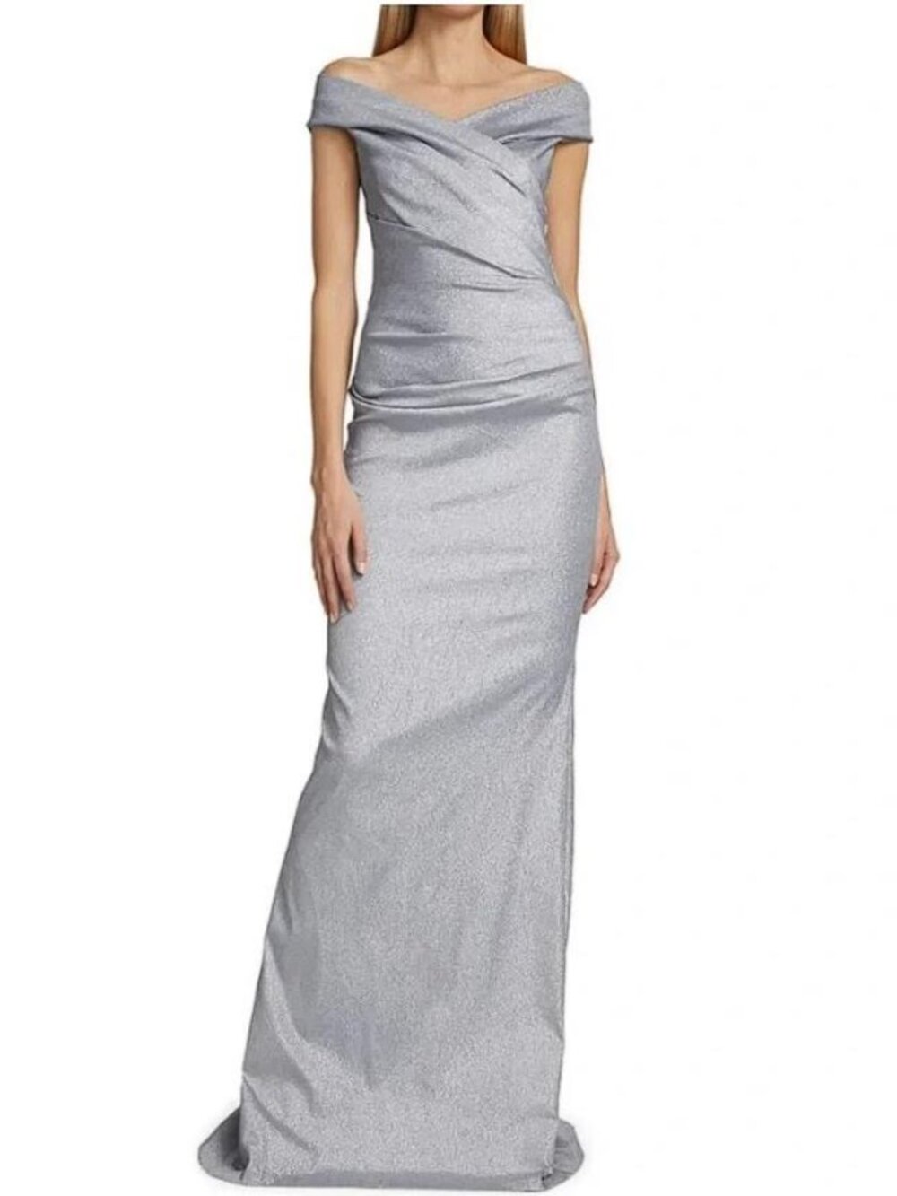 RICKIE FREEMAN TERI JON Women's Platinum Metallic Off The Shoulder Gown Size 14